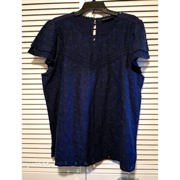 Lane Bryant Womens Navy Blue Lace Overlay Top Size 18/20 100% Cotton Knit Keyhol - Picture 5 of 9